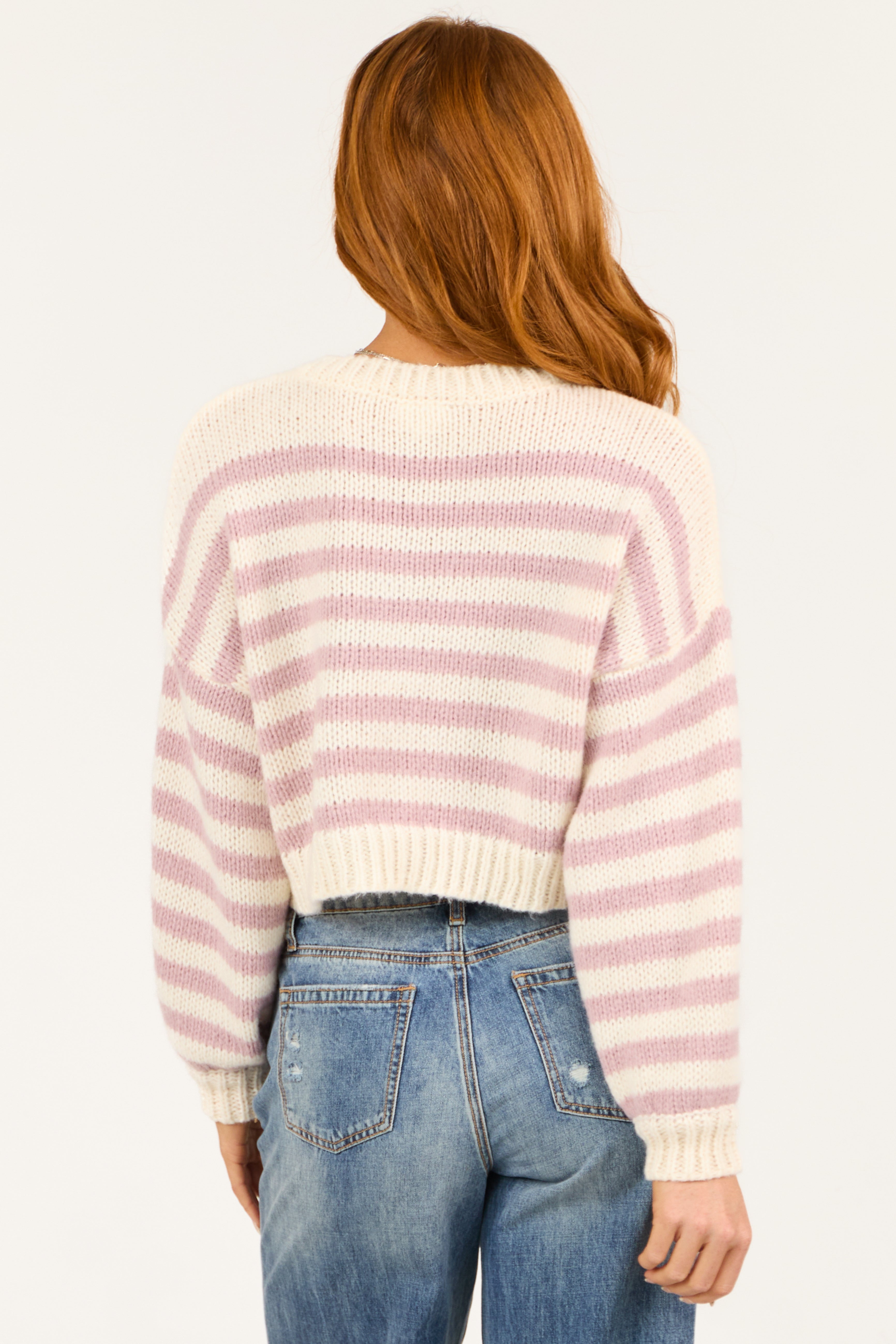 Mauve and Cream Striped Cropped Long Sleeve Sweater