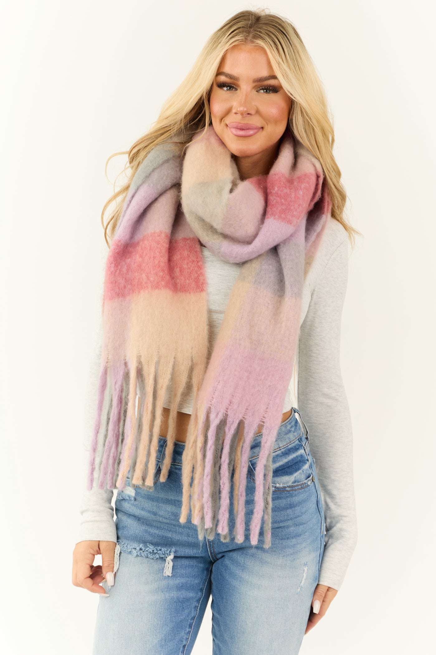 Mauve Plaid Cozy Oversized Long Fringe Scarf