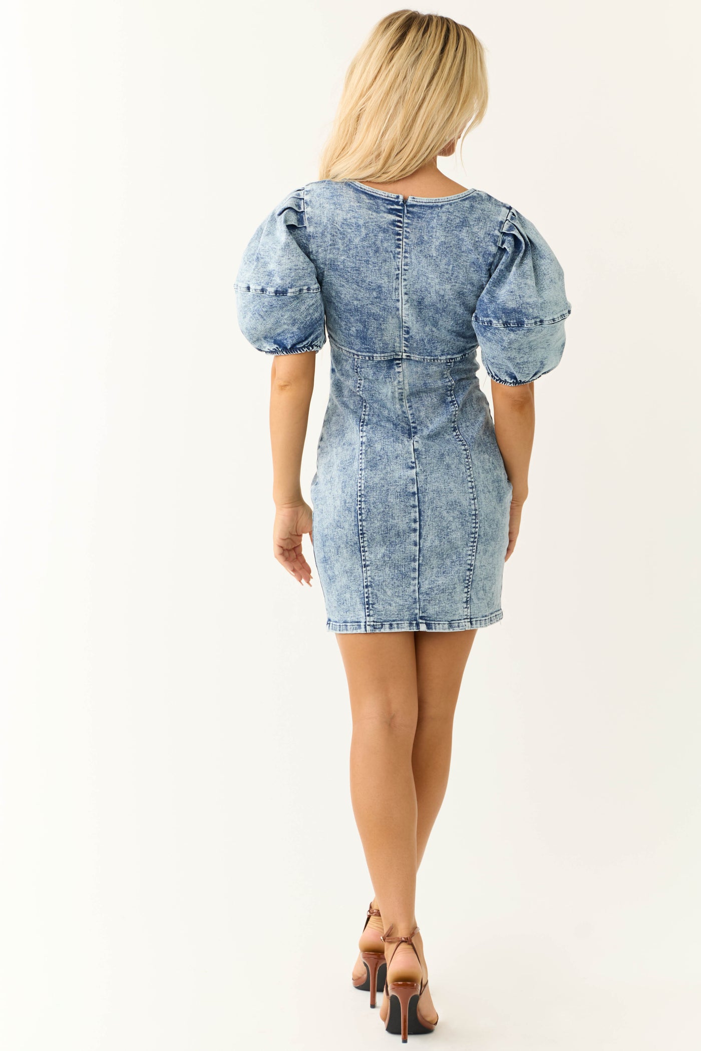 Medium Acid Wash Denim Half Sleeve Short Dress