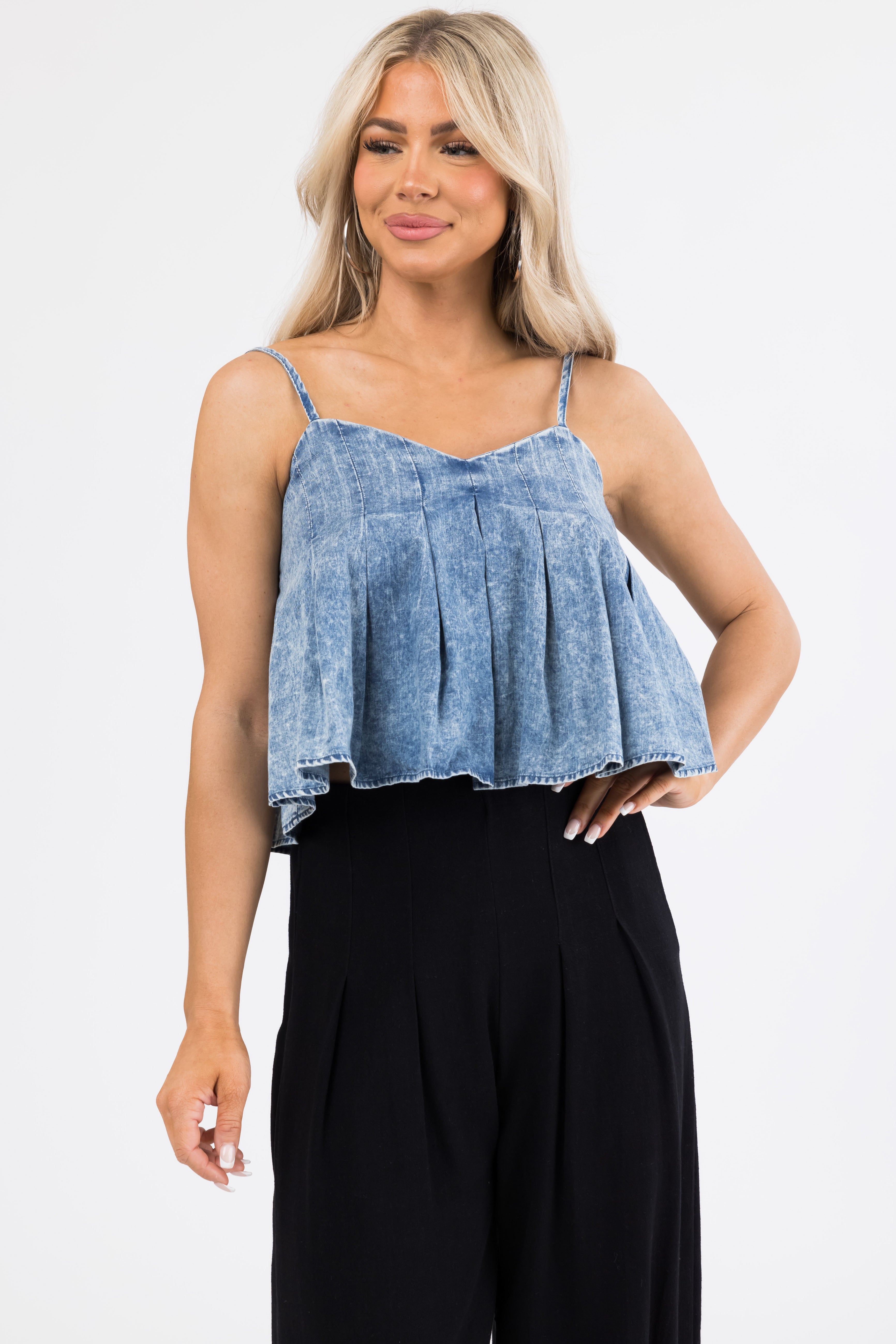 Medium Acid Wash Denim Sleeveless Crop Top