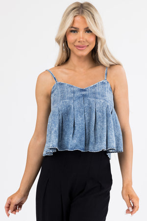 Medium Acid Wash Denim Sleeveless Crop Top