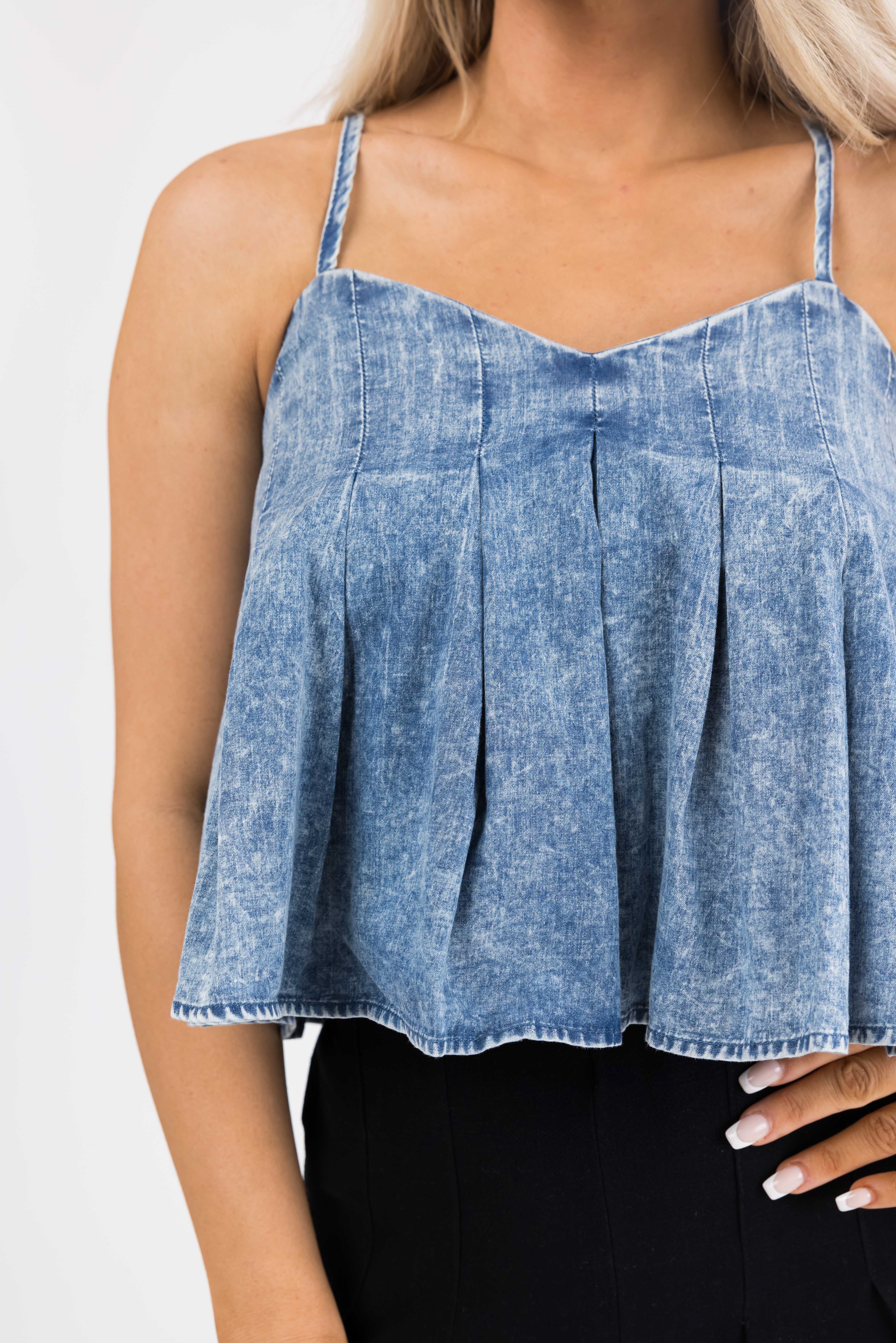 Medium Acid Wash Denim Sleeveless Crop Top