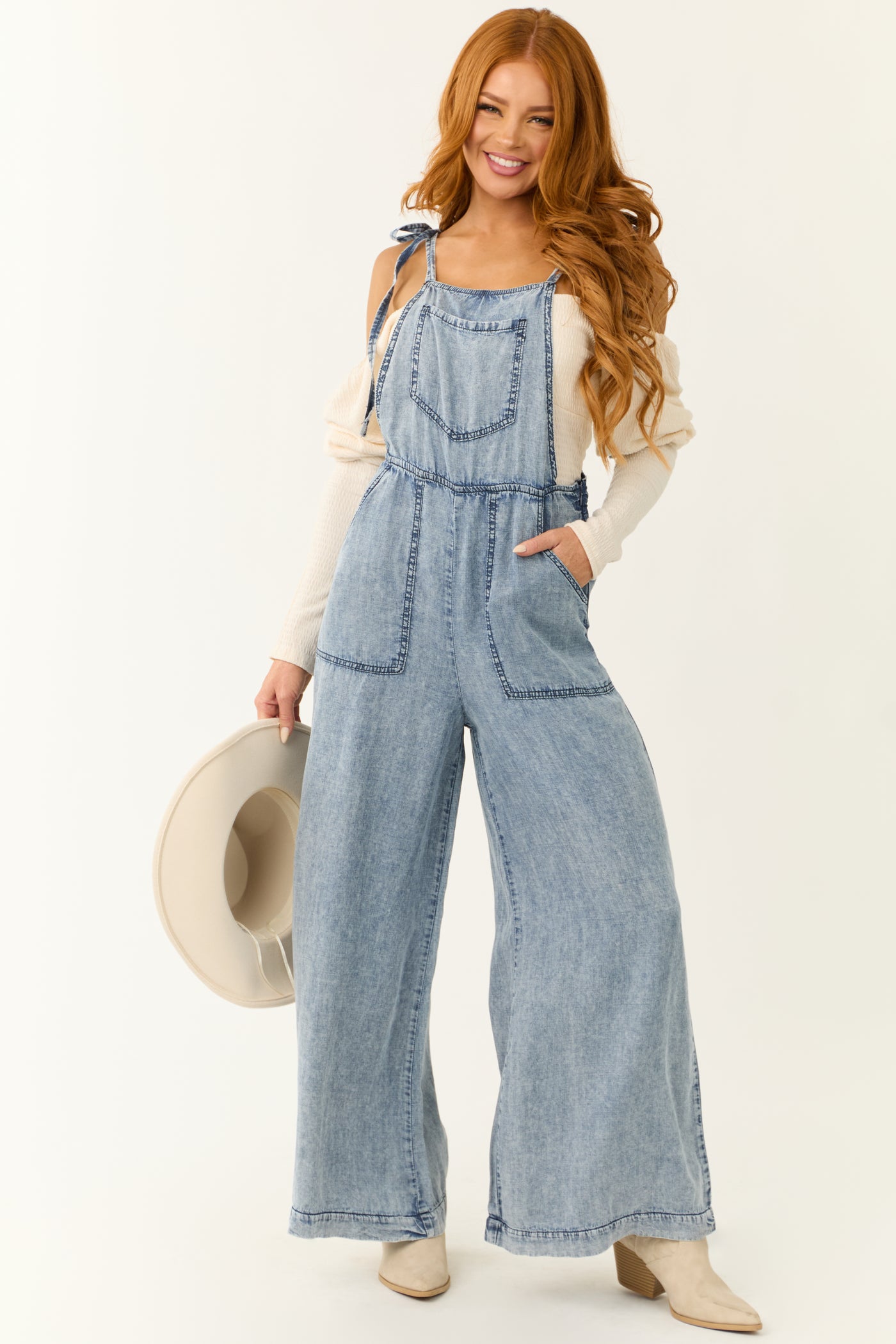 Medium Acid Wash Denim Wide Leg Jumpsuit