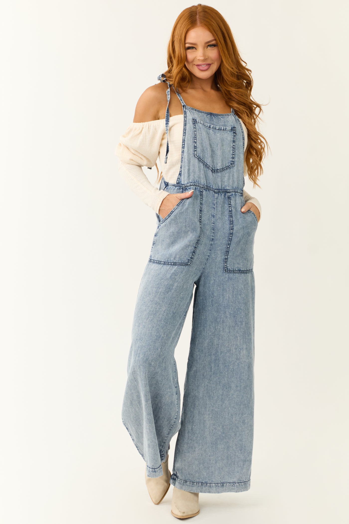 Medium Acid Wash Denim Wide Leg Jumpsuit