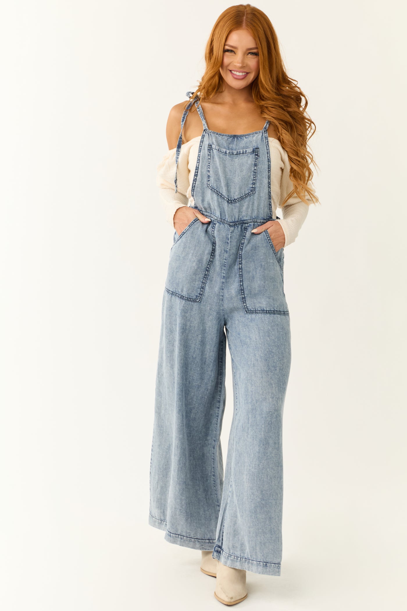 Medium Acid Wash Denim Wide Leg Jumpsuit