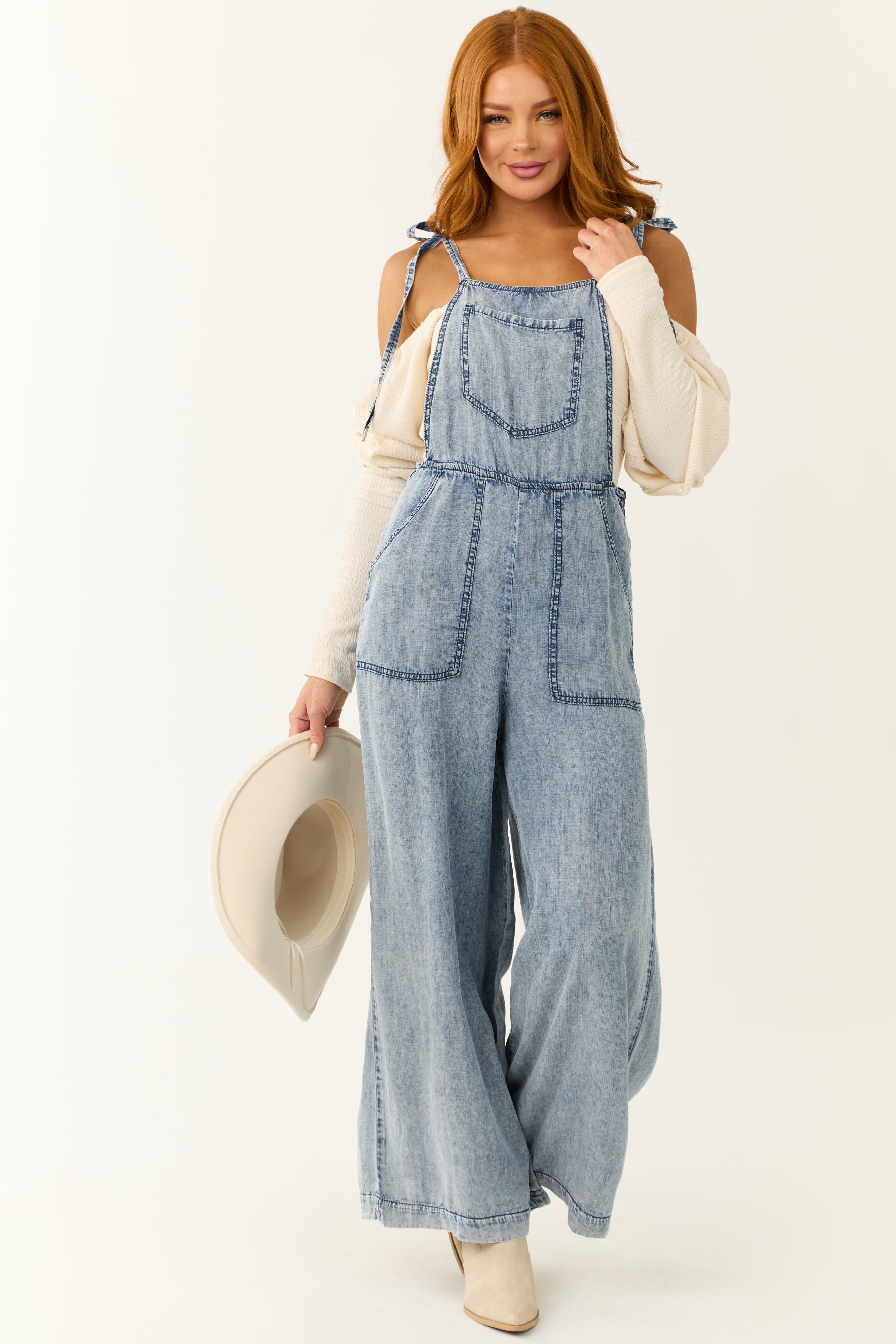 Medium Acid Wash Denim Wide Leg Jumpsuit