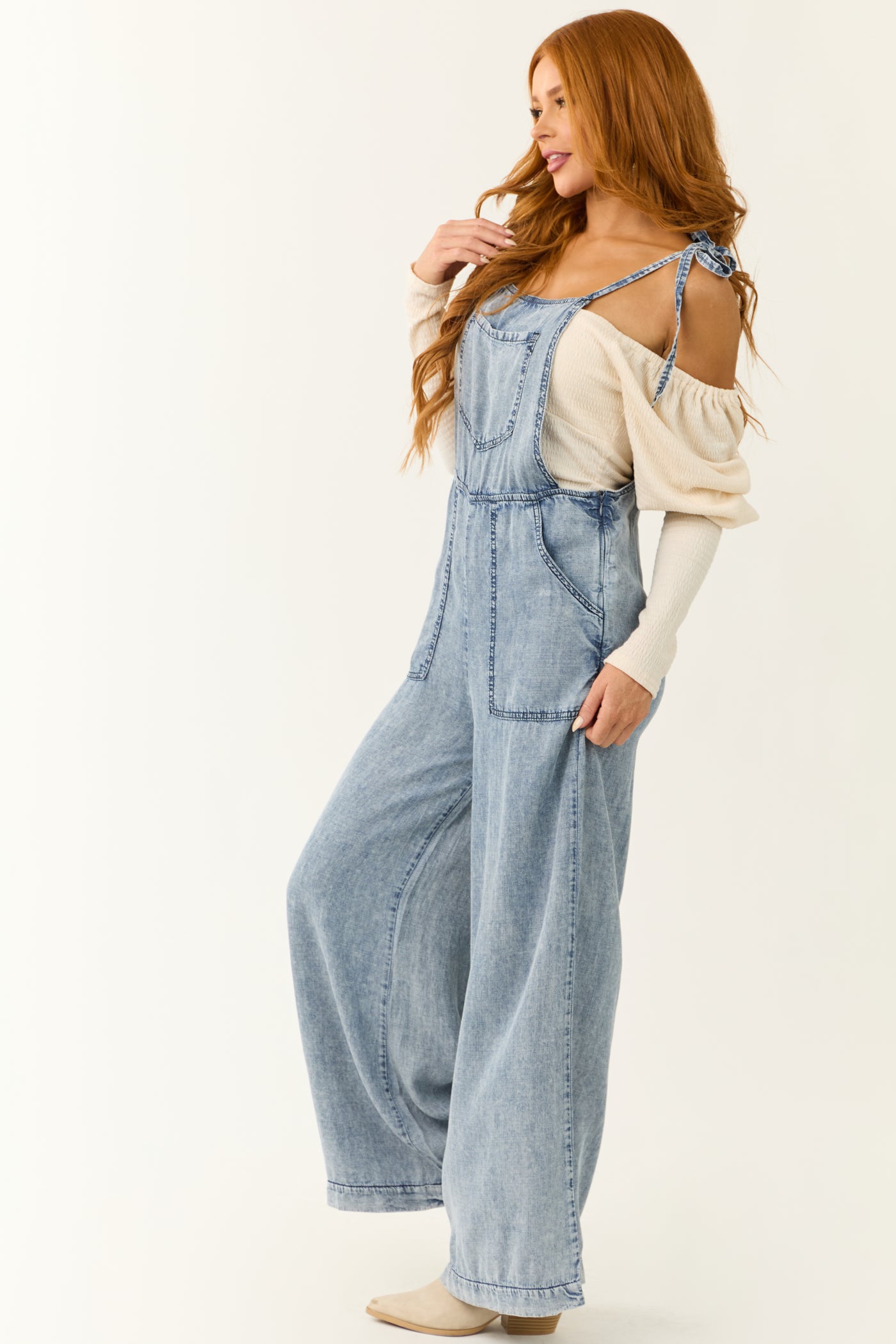 Medium Acid Wash Denim Wide Leg Jumpsuit