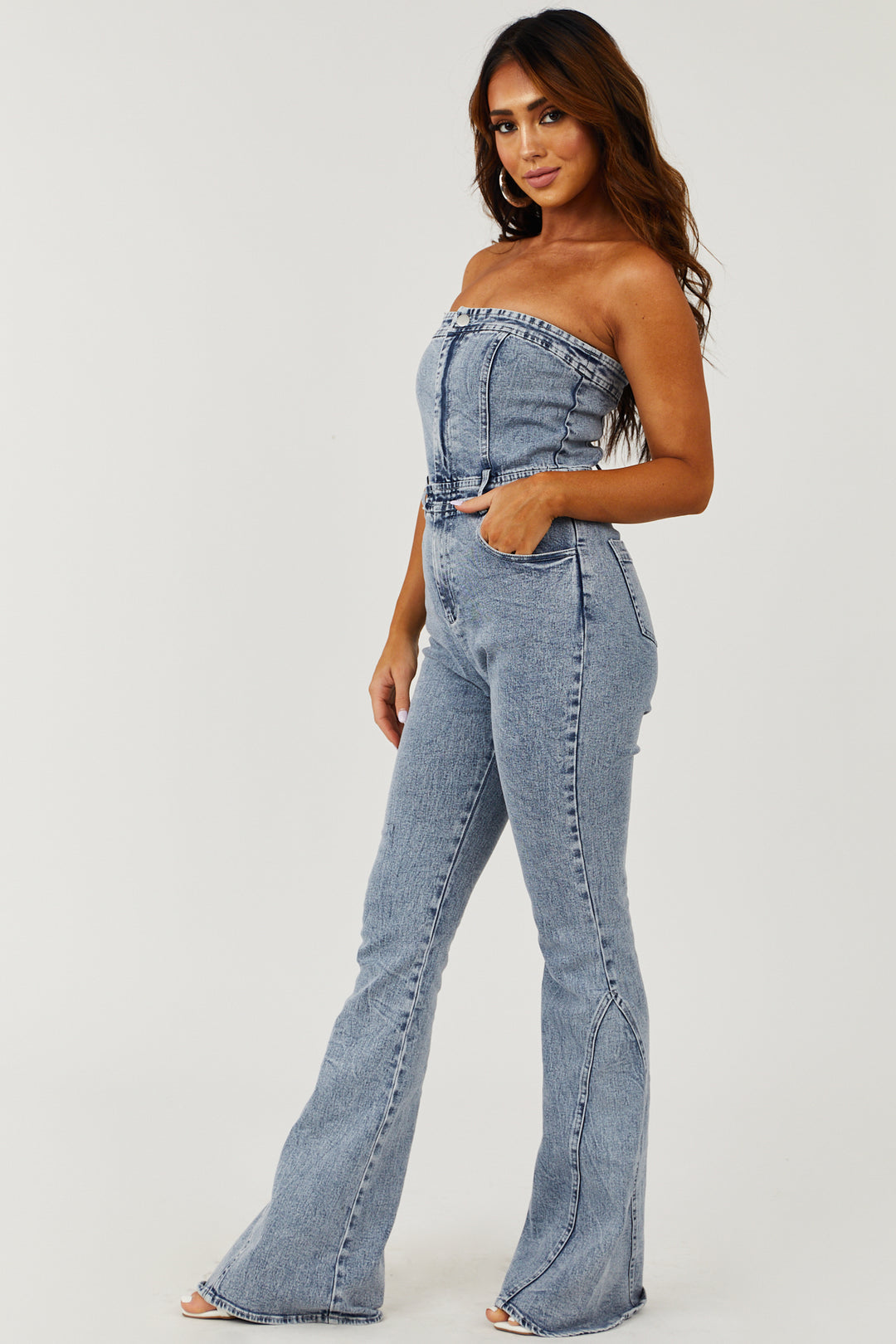 Medium Acid Wash Strapless Denim Jumpsuit And Lime Lush