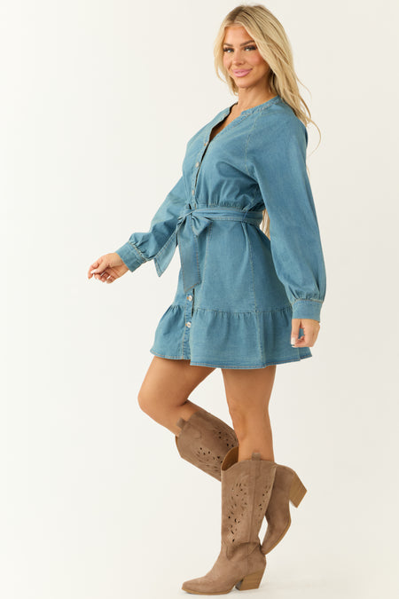 Medium Denim Button Down Waist Tie Mini Dress