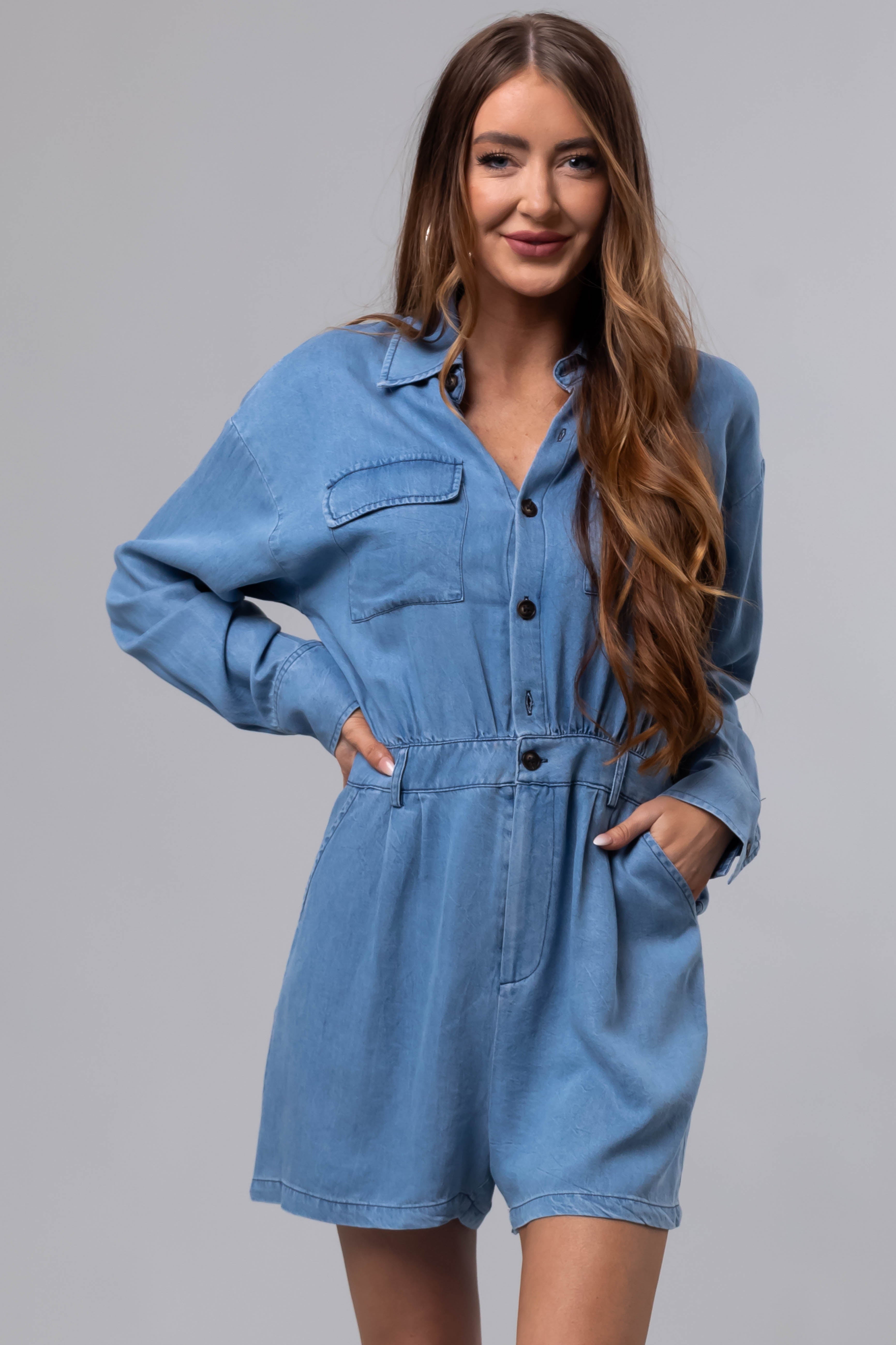 Medium Denim Long Sleeve Button Up Romper