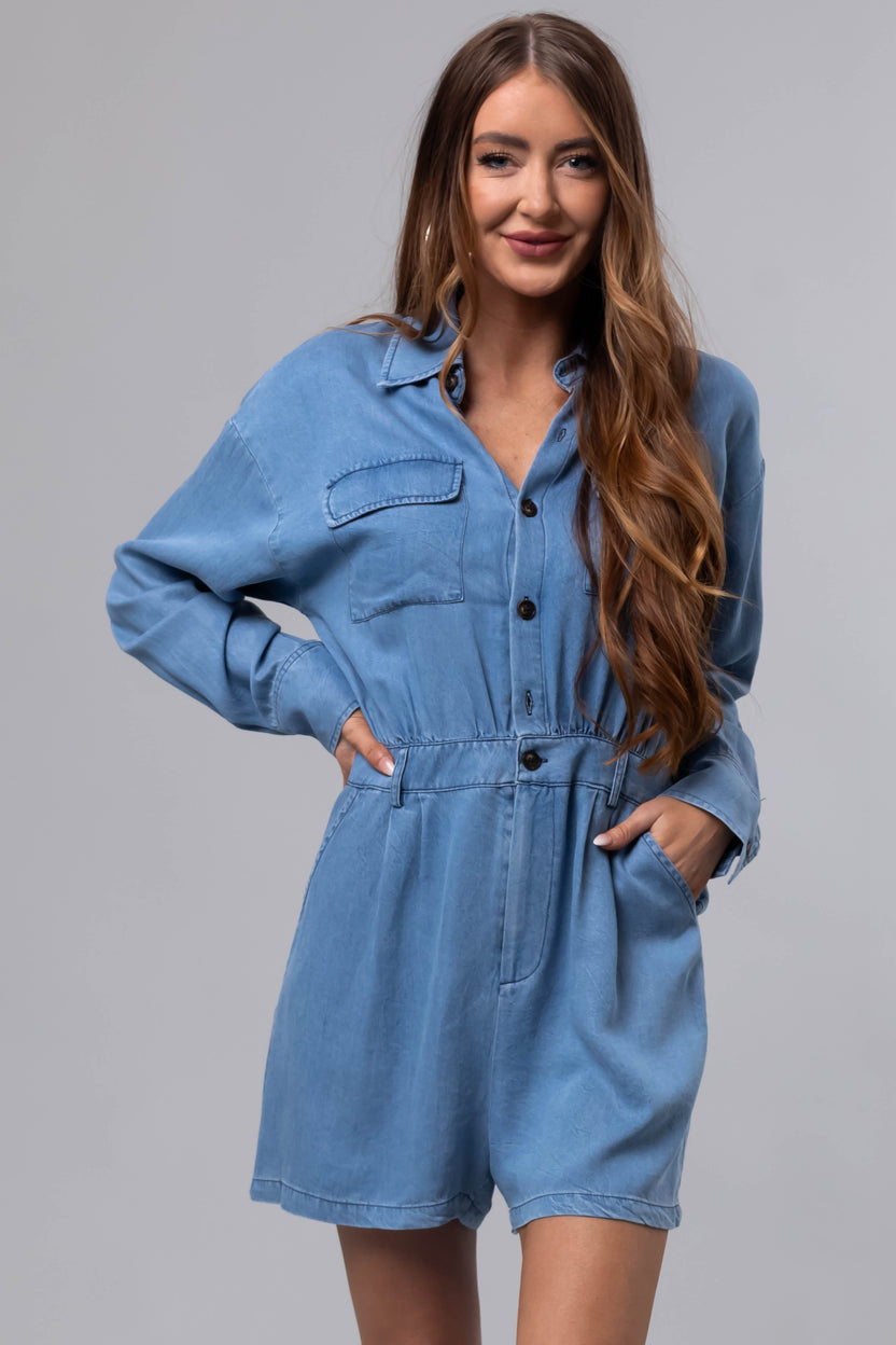 Medium Denim Long Sleeve Button Up Romper