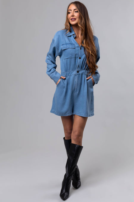 Medium Denim Long Sleeve Button Up Romper