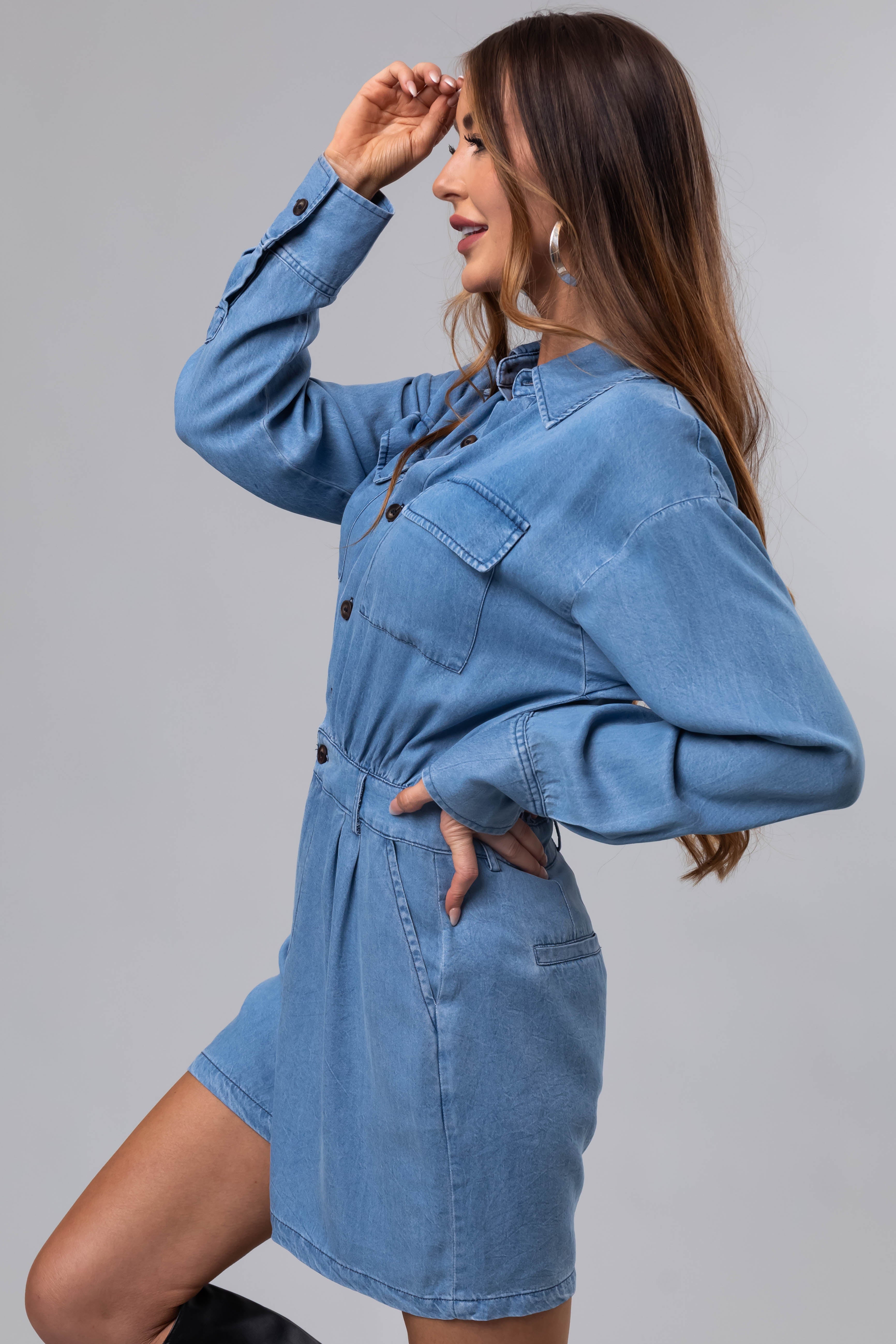 Medium Denim Long Sleeve Button Up Romper