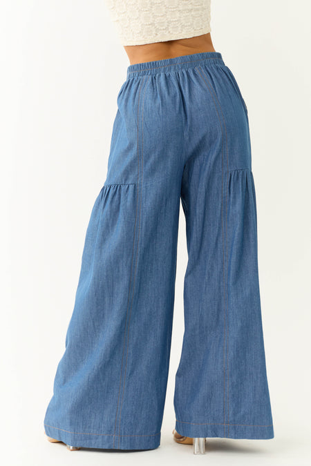 Medium Denim Smocked Waist Flare Palazzo Pants