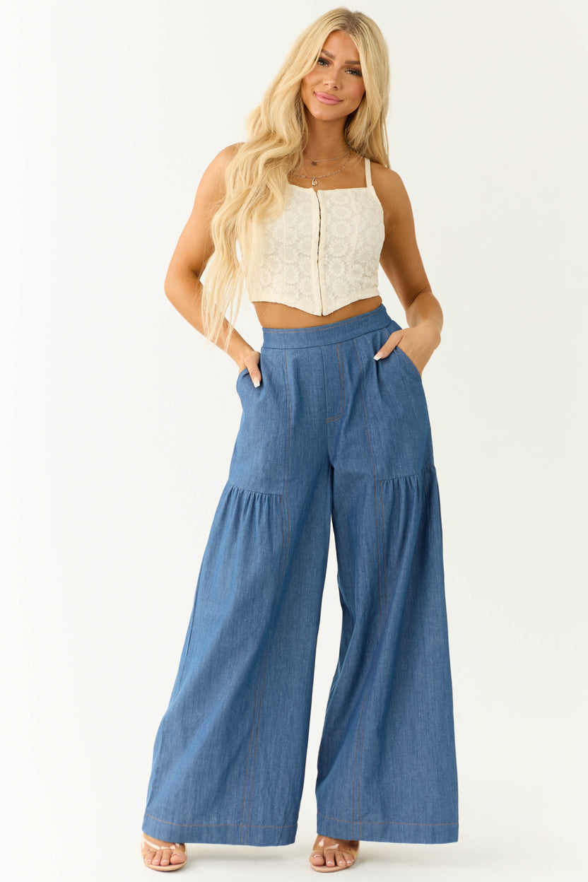 Medium Denim Smocked Waist Flare Palazzo Pants