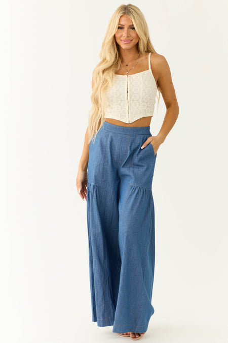 Medium Denim Smocked Waist Flare Palazzo Pants