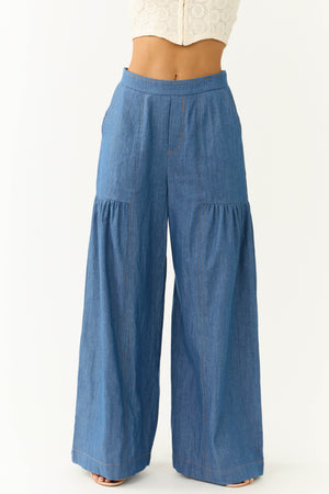 Medium Denim Smocked Waist Flare Palazzo Pants