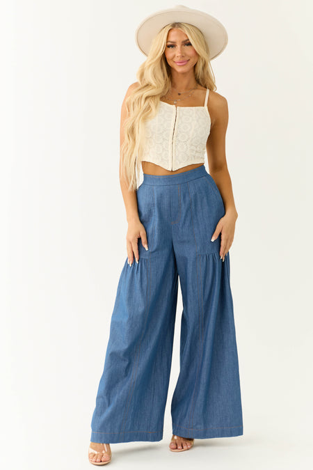 Medium Denim Smocked Waist Flare Palazzo Pants