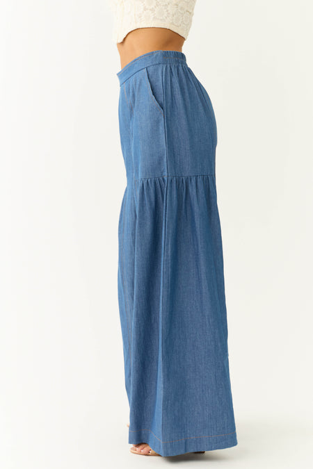 Medium Denim Smocked Waist Flare Palazzo Pants