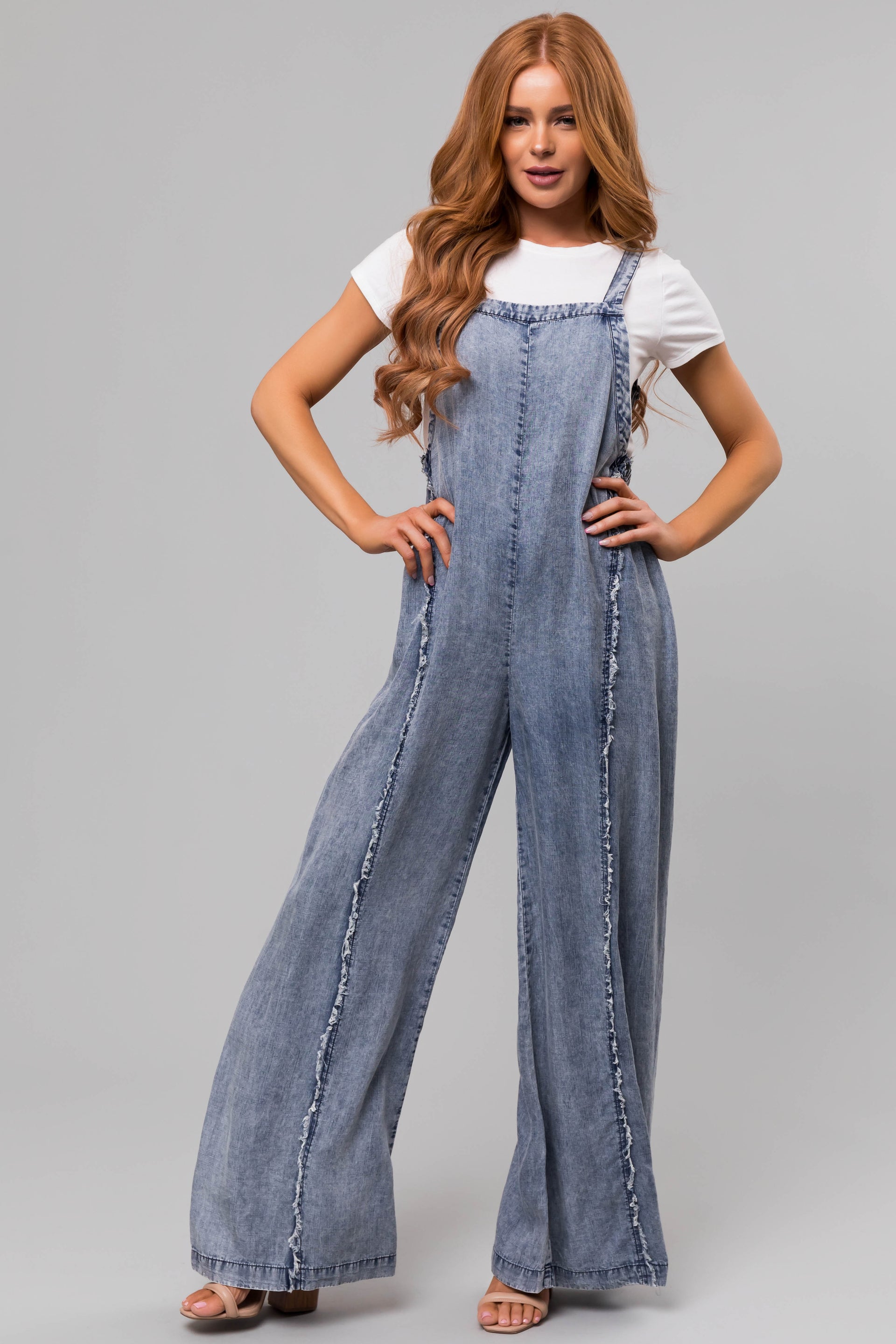 Medium Mineral Wash Sleeveless Chambray Jumpsuit