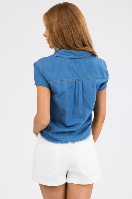 Medium Wash Chambray Button Up Frayed Blouse