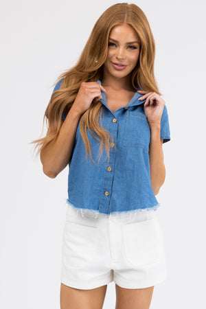 Medium Wash Chambray Button Up Frayed Blouse