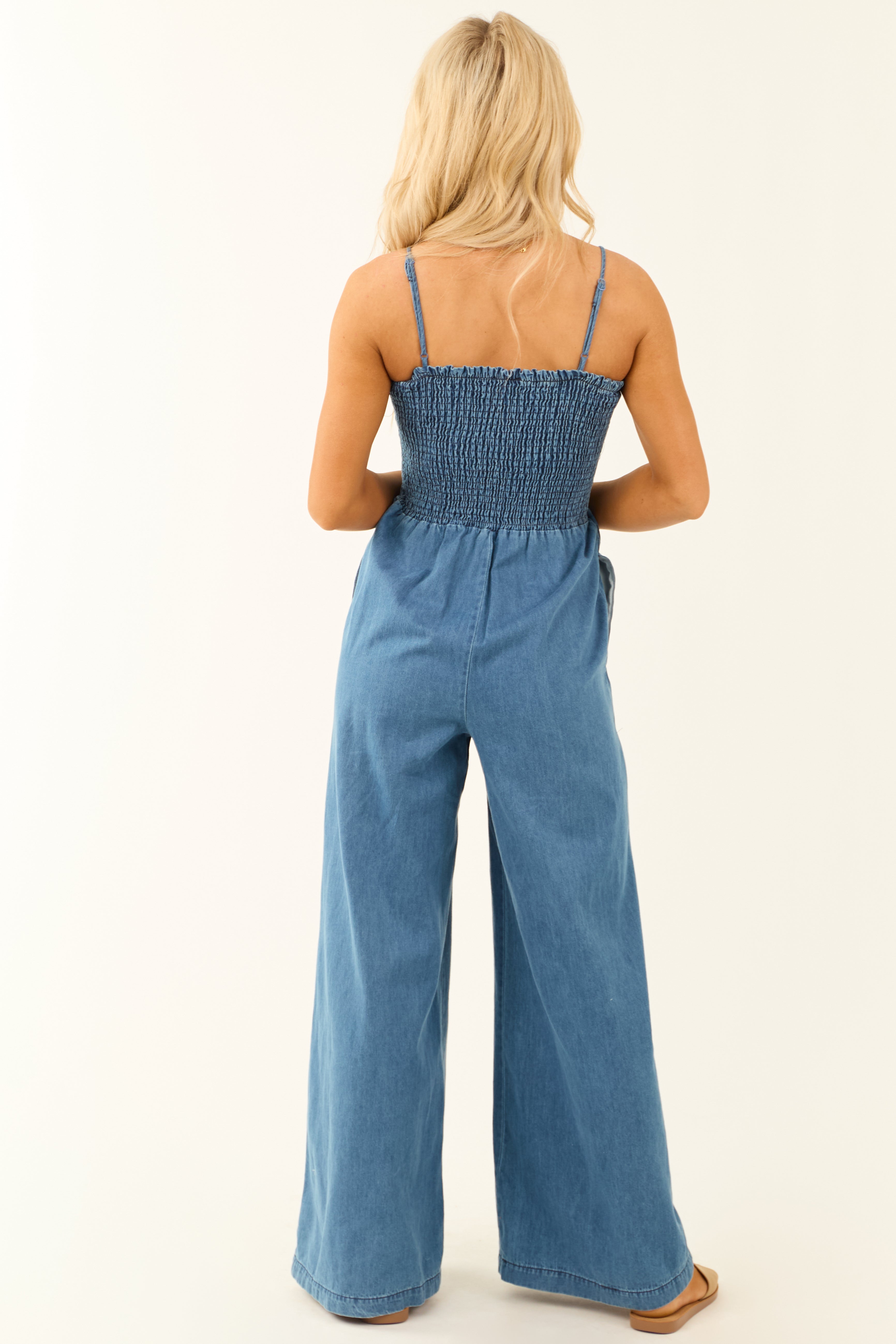 Medium Wash Chambray Sleeveless Wide Leg Jumpsuit