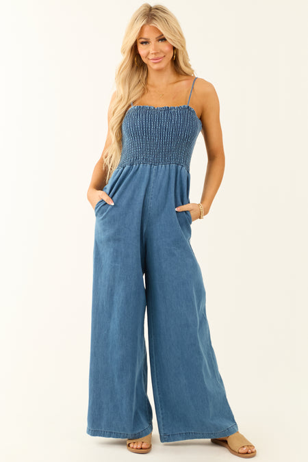 Medium Wash Chambray Sleeveless Wide Leg Jumpsuit