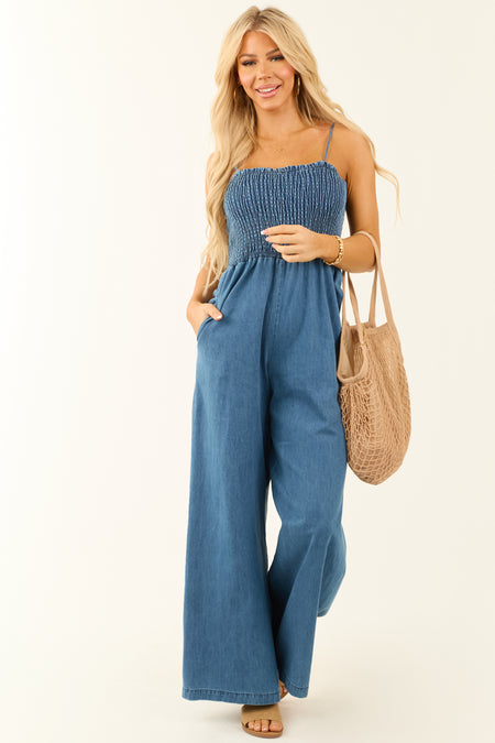 Medium Wash Chambray Sleeveless Wide Leg Jumpsuit