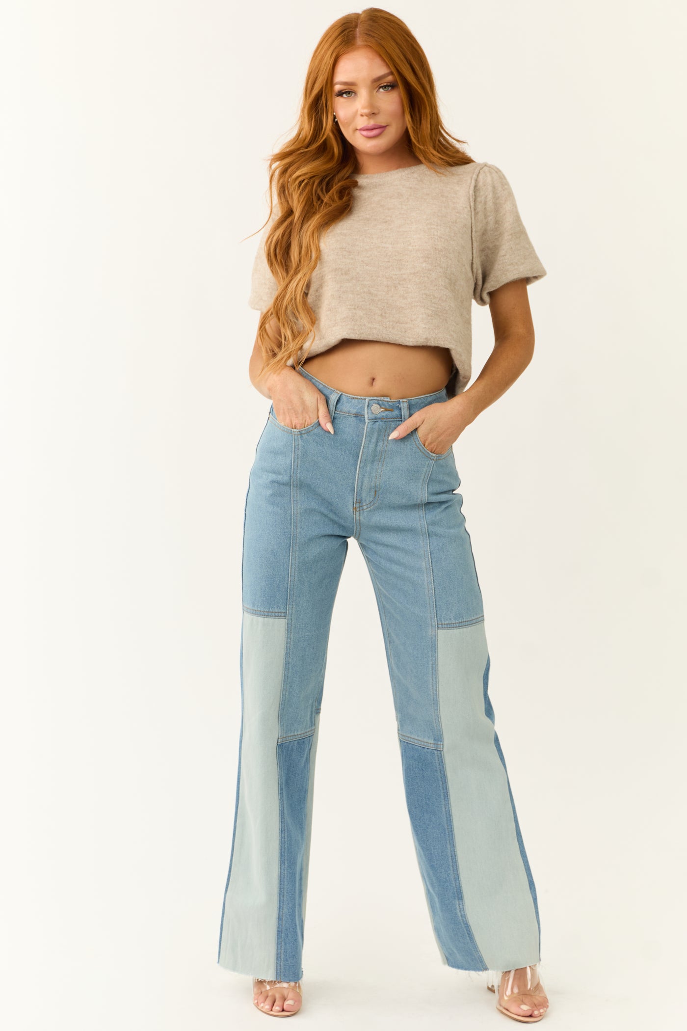 Medium Wash Colorblock Wide Leg Jeans