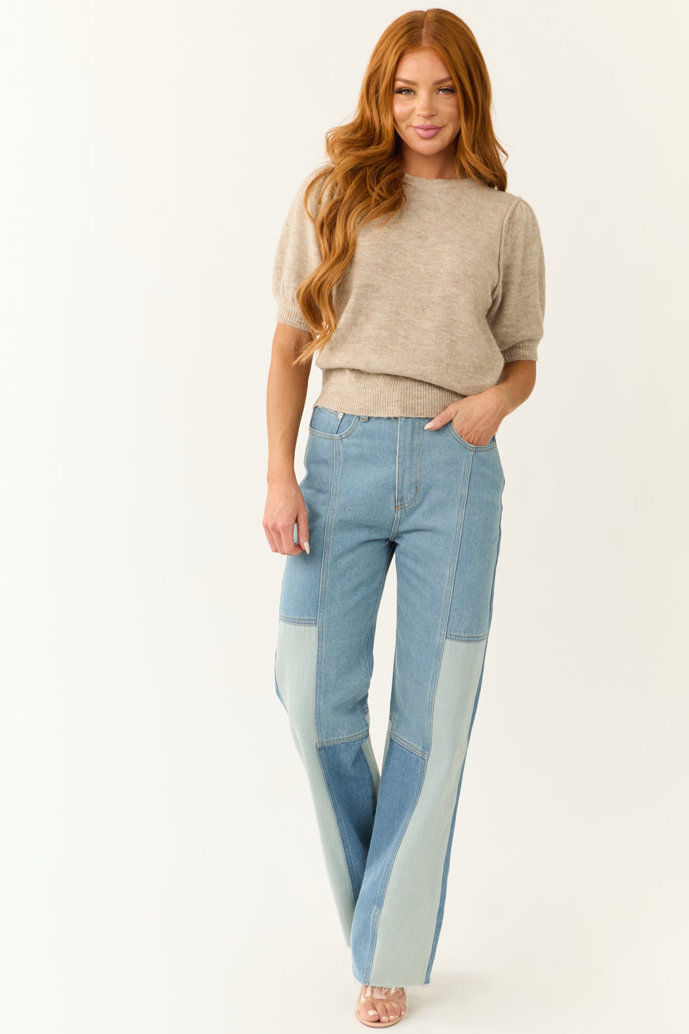 Medium Wash Colorblock Wide Leg Jeans