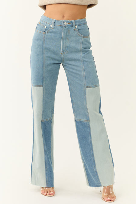 Medium Wash Colorblock Wide Leg Jeans