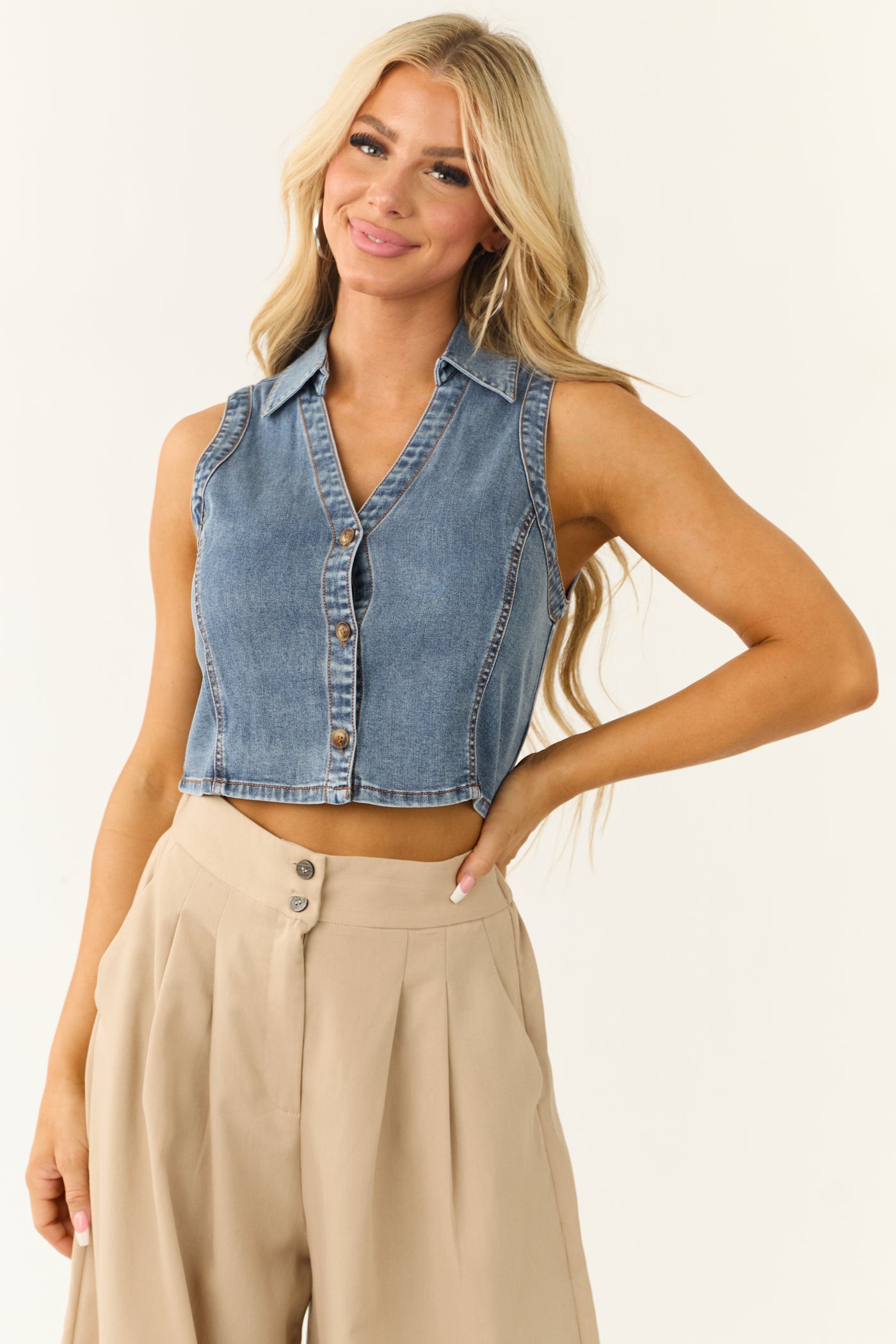 Medium Wash Denim Button Down Collared Vest