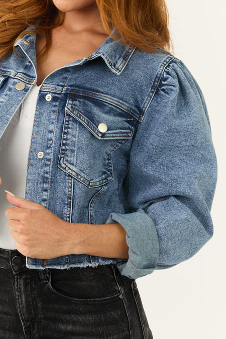 Medium Wash Denim Button Down Raw Hem Jacket