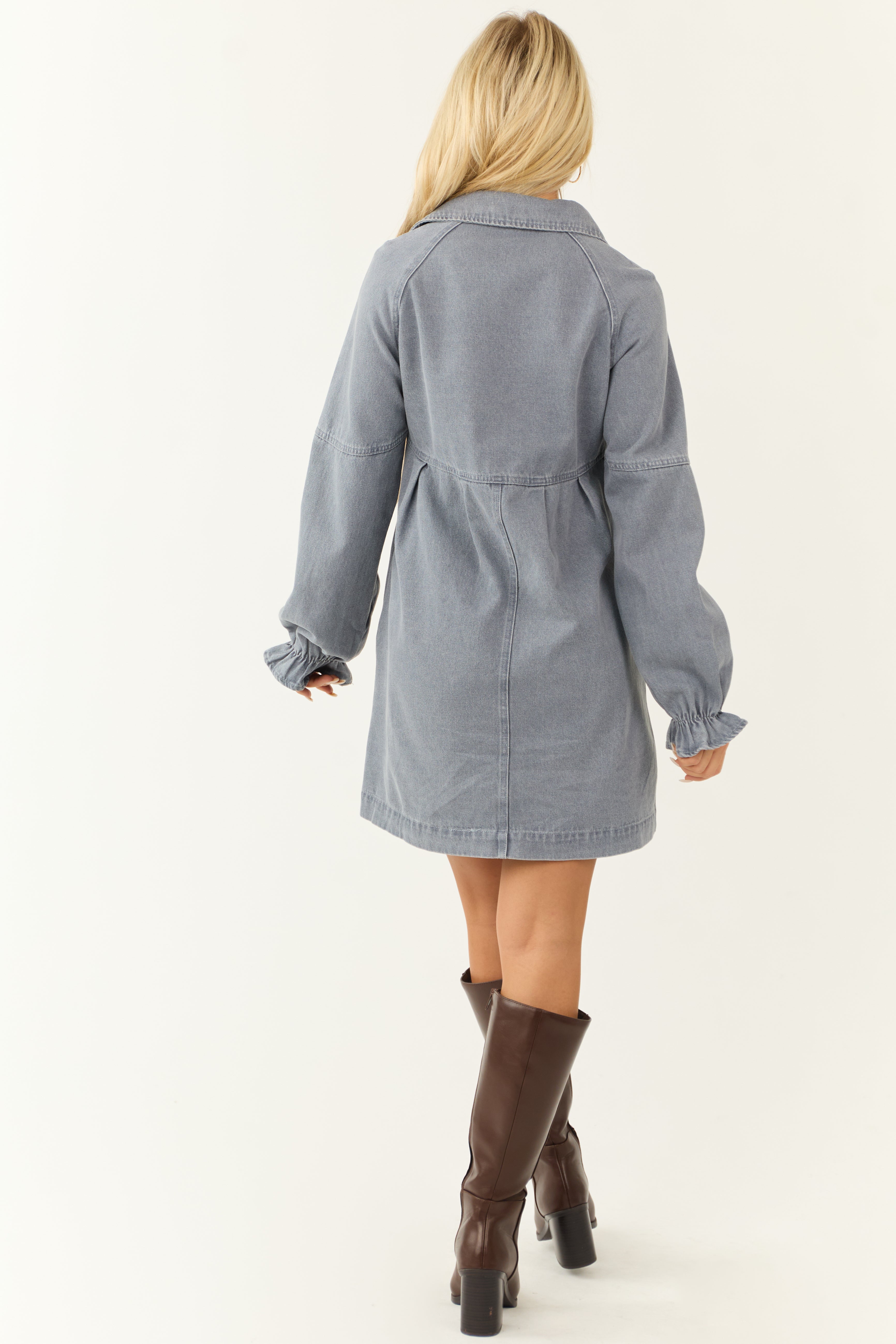 Medium Wash Denim Button Down Shirt Short Dress