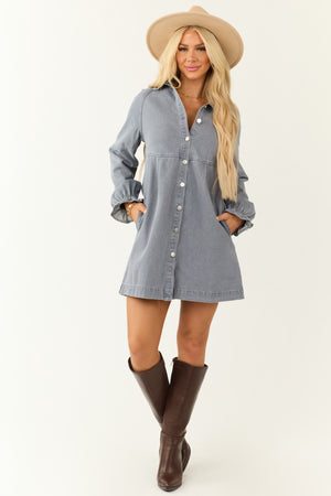 Medium Wash Denim Button Down Shirt Short Dress