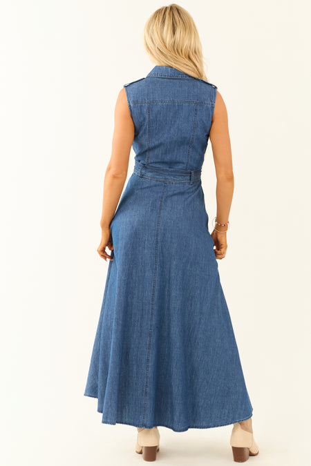 Medium Wash Denim Button Down Sleeveless Maxi Dress