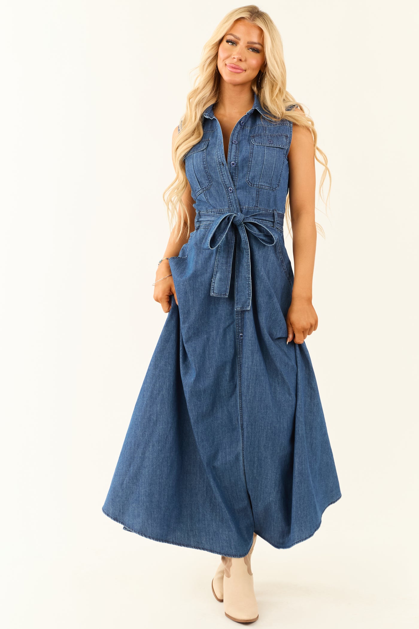 Medium Wash Denim Button Down Sleeveless Maxi Dress