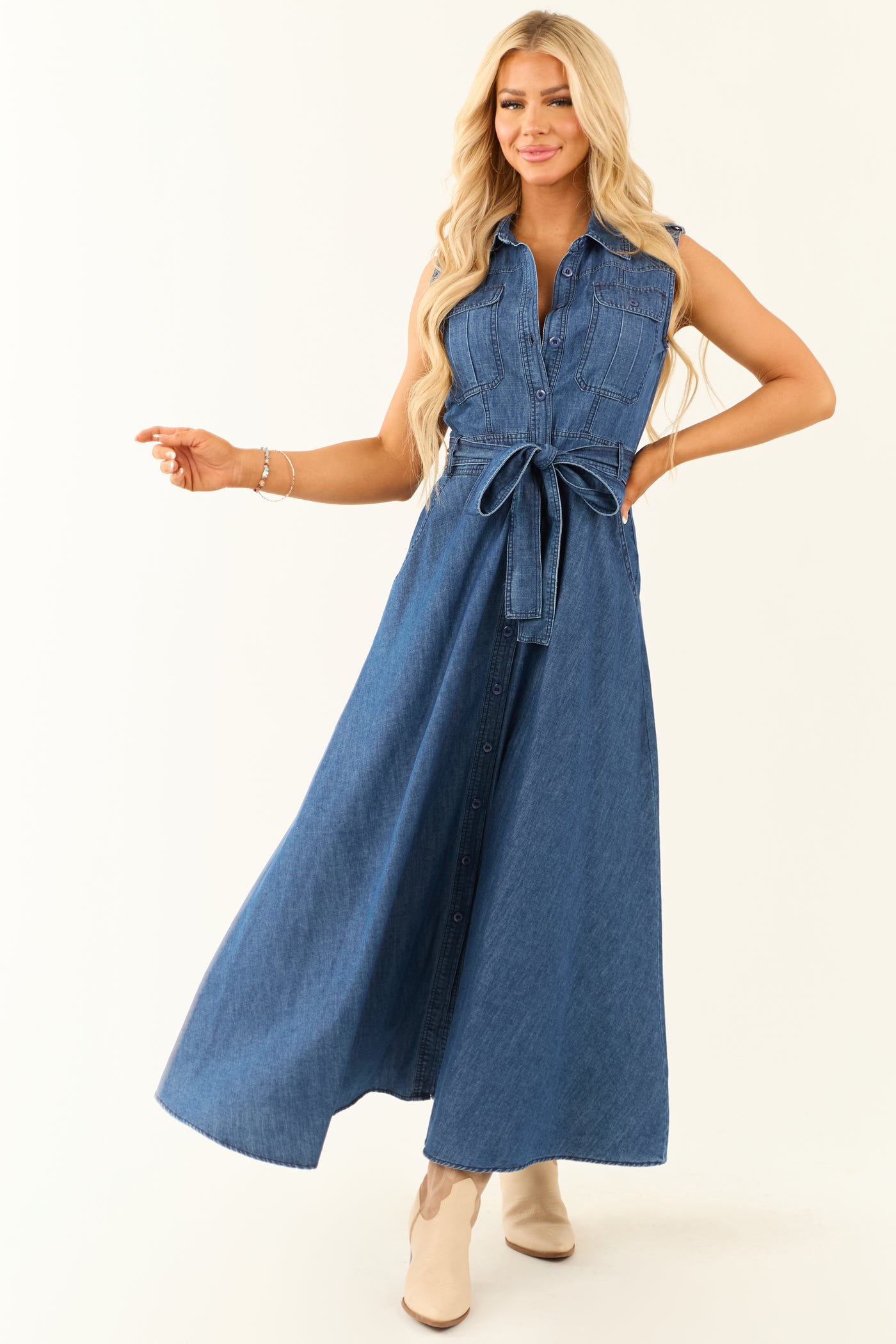 Medium Wash Denim Button Down Sleeveless Maxi Dress