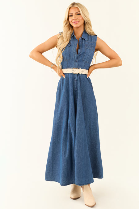 Medium Wash Denim Button Down Sleeveless Maxi Dress