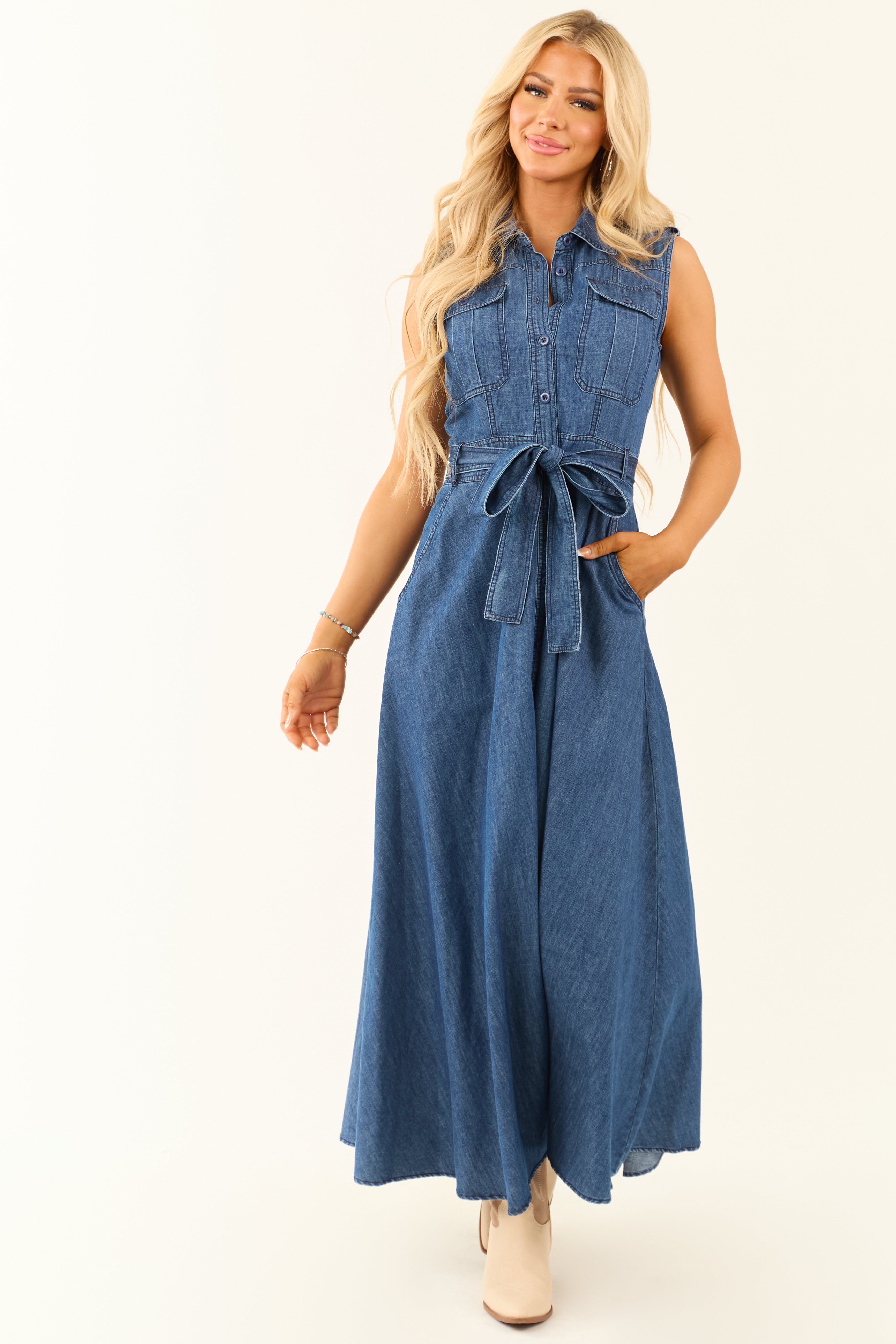 Medium Wash Denim Button Down Sleeveless Maxi Dress