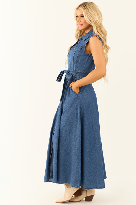 Medium Wash Denim Button Down Sleeveless Maxi Dress