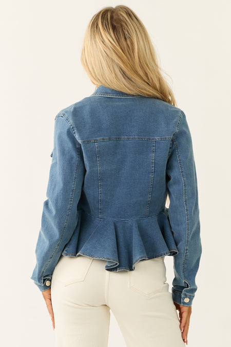 Medium Wash Denim Button Up Collared Peplum Jacket