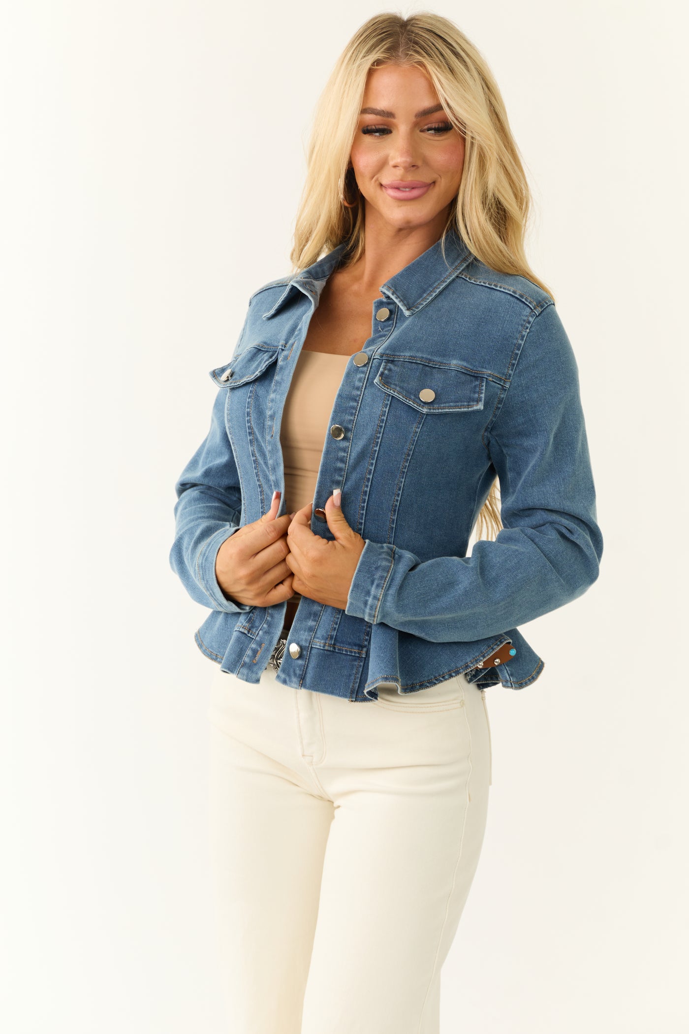 Medium Wash Denim Button Up Collared Peplum Jacket