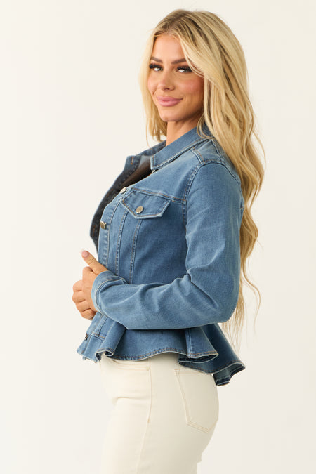 Medium Wash Denim Button Up Collared Peplum Jacket