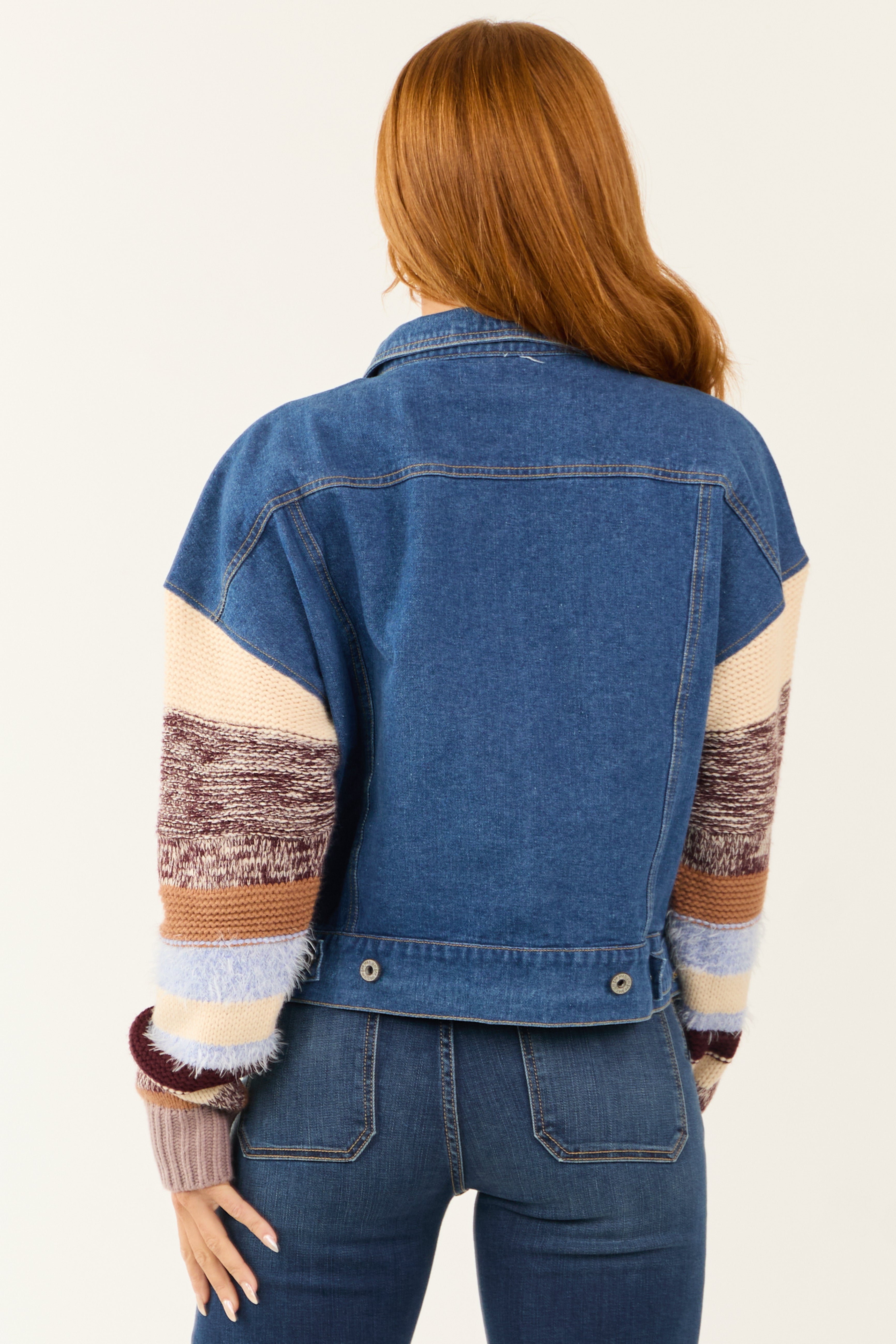 Medium Wash Denim Contrast Knit Sleeve Denim Jacket