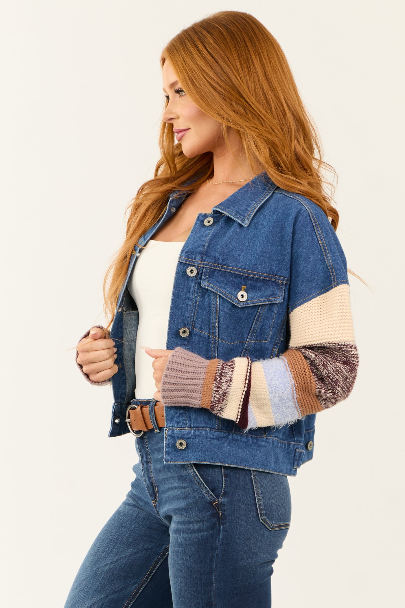 Medium Wash Denim Contrast Knit Sleeve Denim Jacket