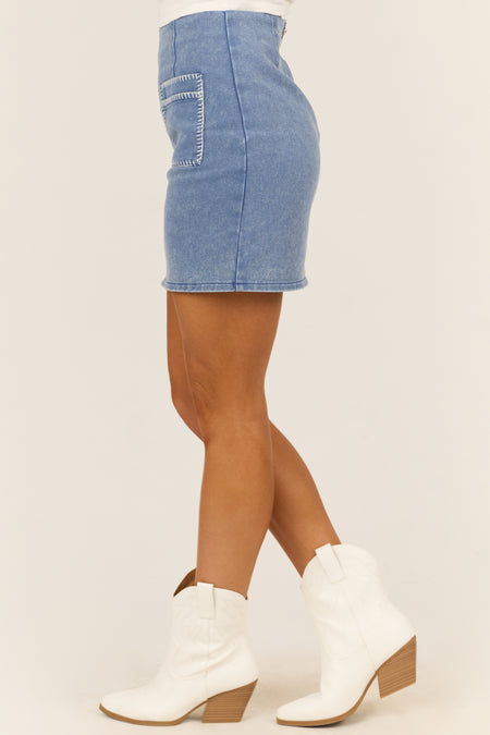 Medium Wash Denim Contrast Stitch Pocket Mini Skirt