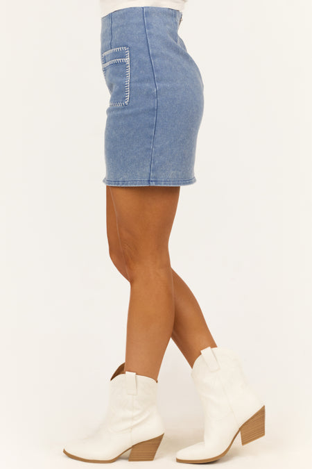 Medium Wash Denim Contrast Stitch Pocket Mini Skirt