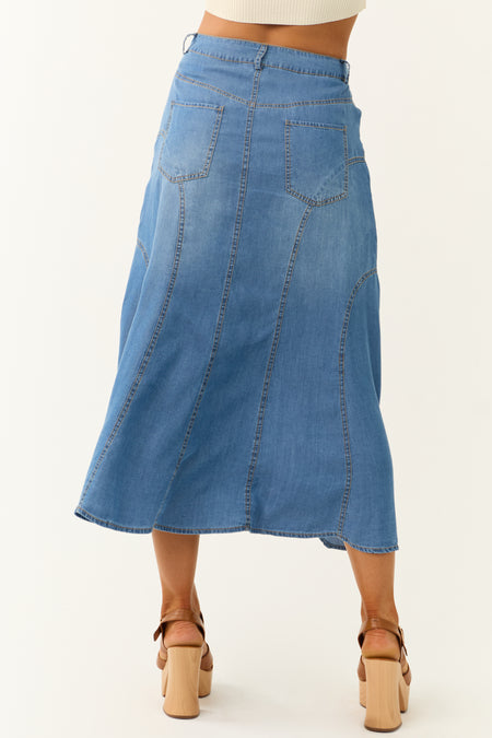 Medium Wash Denim Floral Embroidered Maxi Skirt